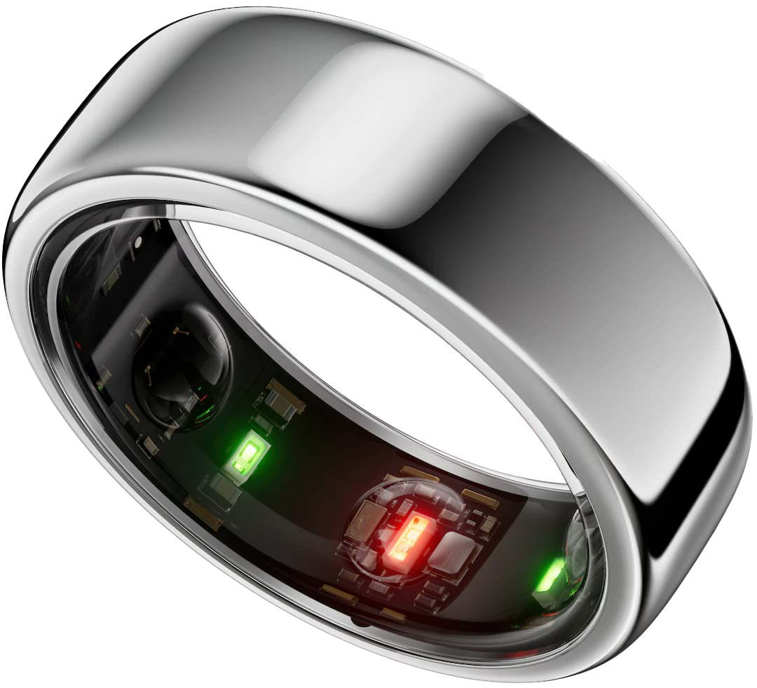 Oura wearable ring shown in silver, with views of the inner side of the ring showing red and green sensors.