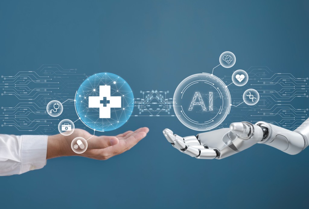A human hand and a robotic hand reaching towards each other, with various health-related icons and a glowing AI symbol representing the intersection of technology and healthcare.