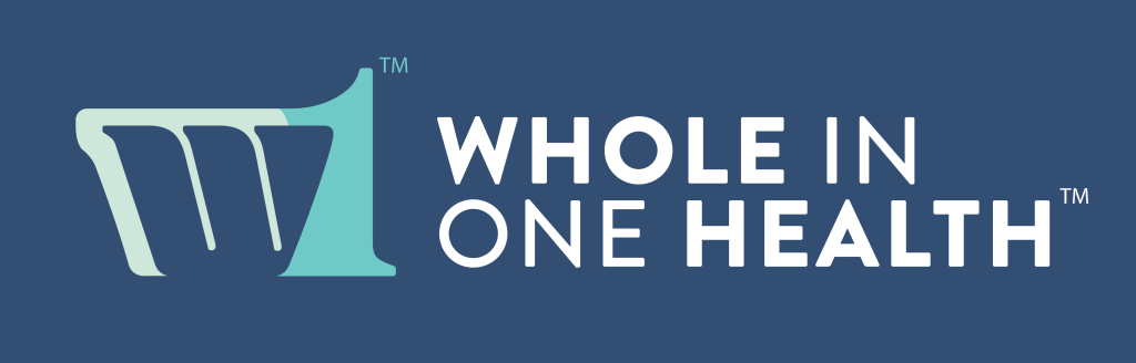 Whole in One Health logo featuring a stylized letter 'W' and the brand name with a health theme.